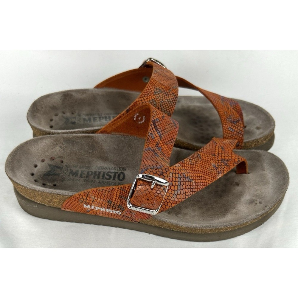 Mephisto Helen Orange Snake Print Leather Sandals Sz 36 US 6 Adjustable